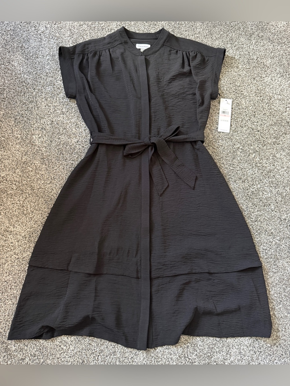 Calvin Klein Black Textured Midi Shirt Dress with Self-Tie Belt